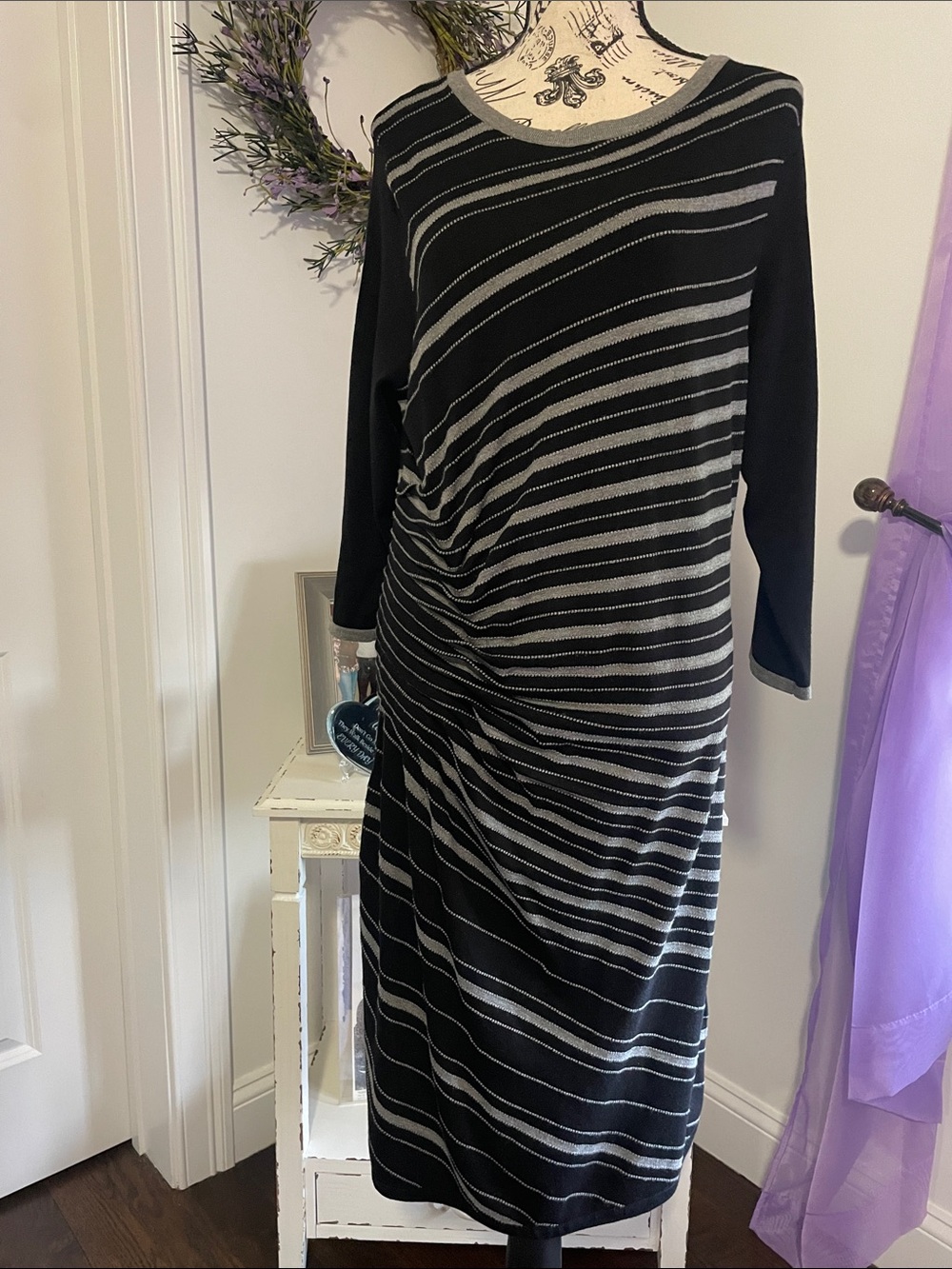 Black and Gray Striped Women's Dress - Classic Knit Sheath